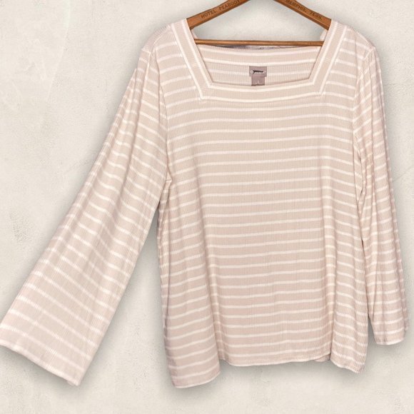 New Chico's 2 Large L 4 XXL Beige White Striped Rib Knit Stretch Square Neck Top - Picture 4 of 6